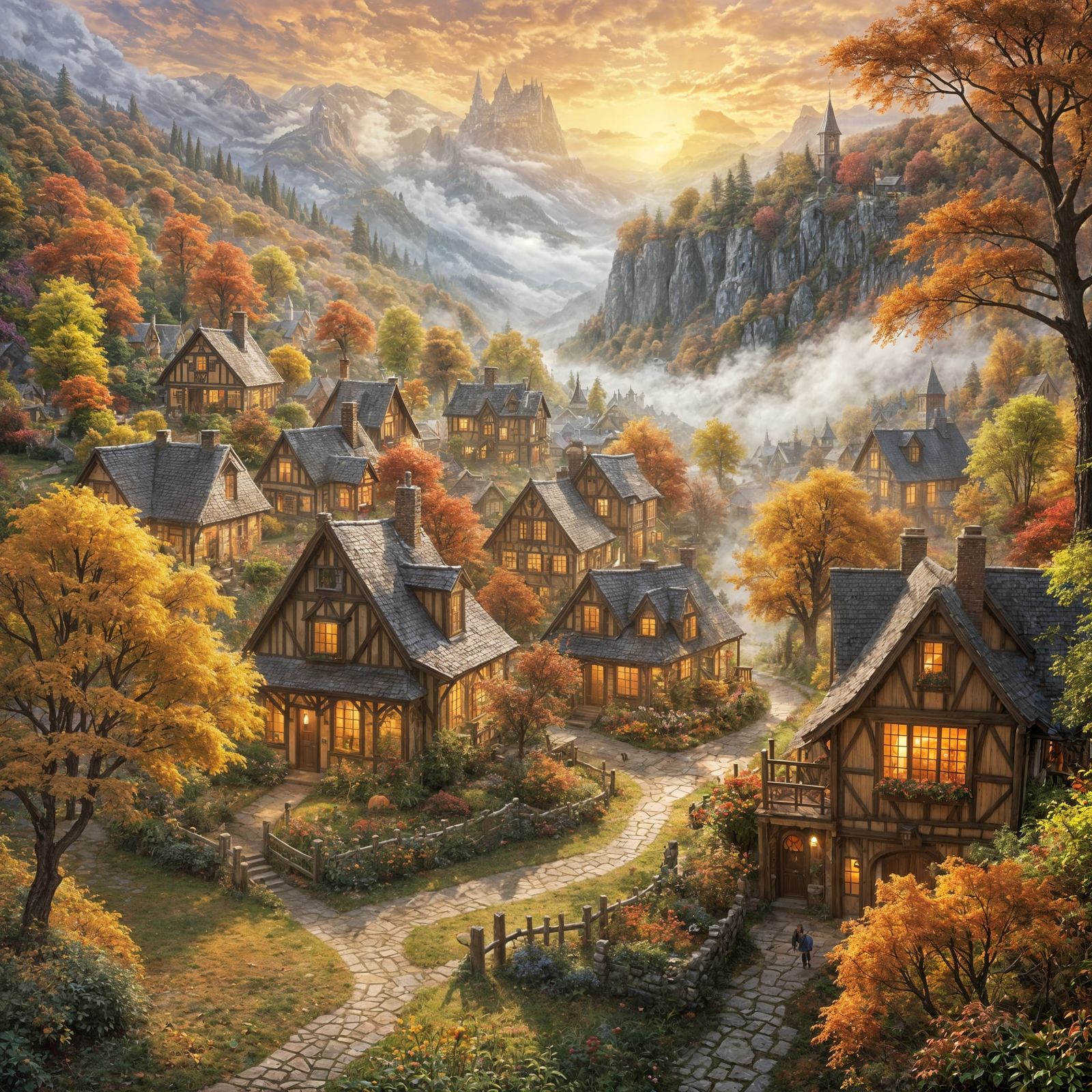 Ethereal Autumn Village Diorama in Mist