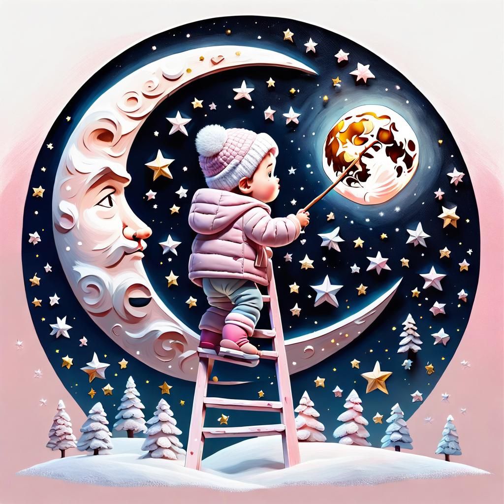 Toddler Paints the Moon: A Pastel Winter Scene