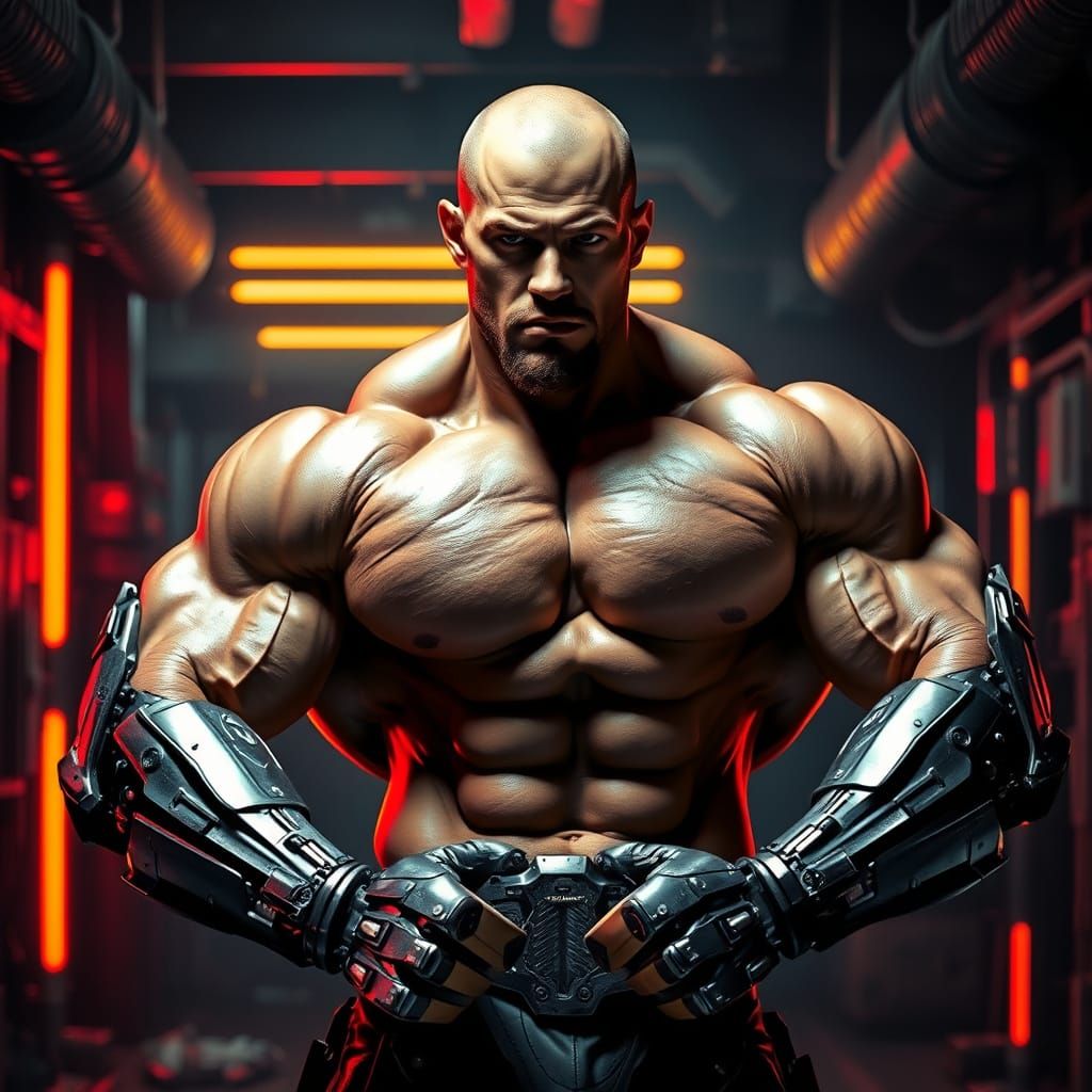 Cybernetic Bodybuilder: Futuristic Warrior with 60" Biceps a...
