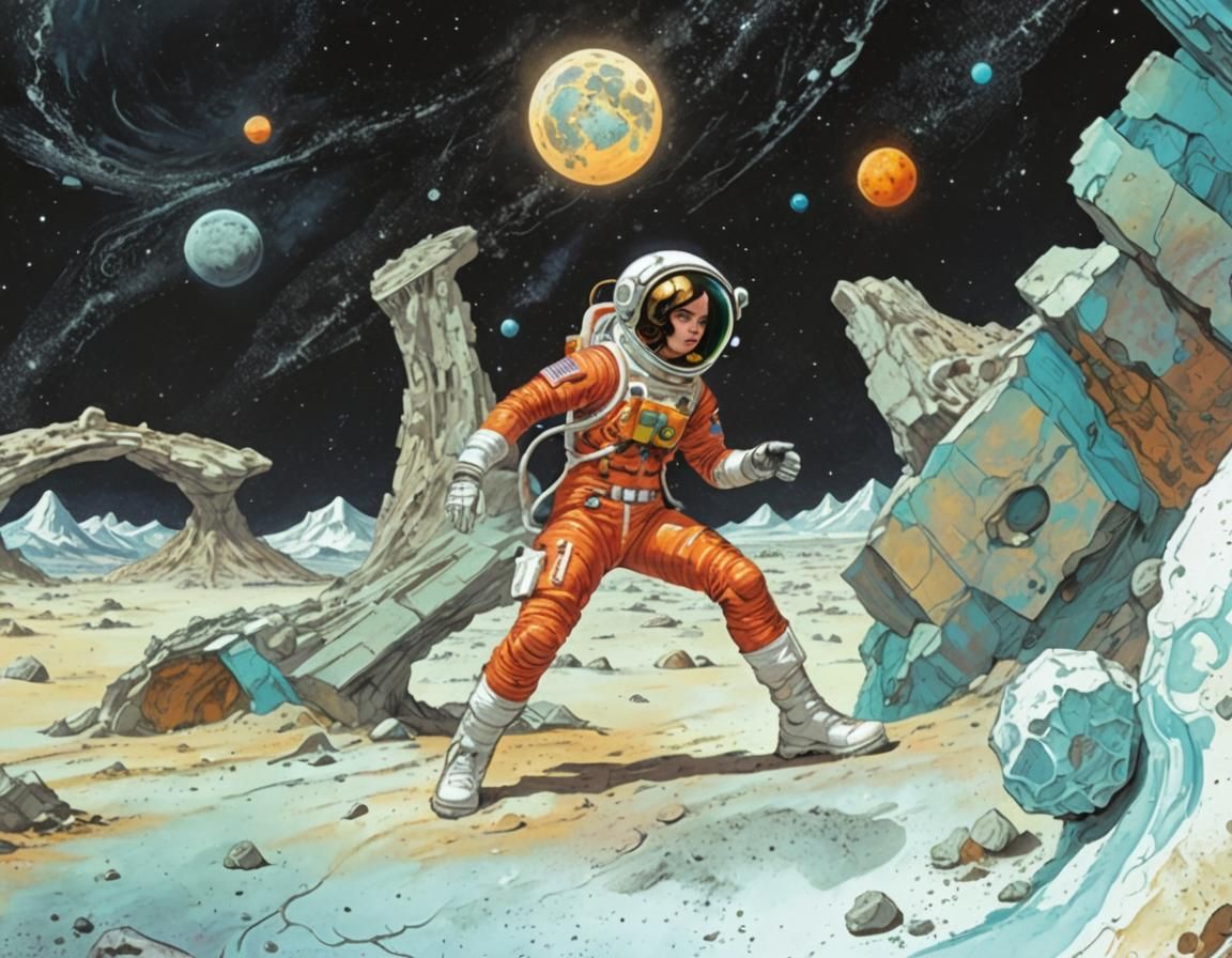 Astronaut Girl on Moon in Comic Book Style