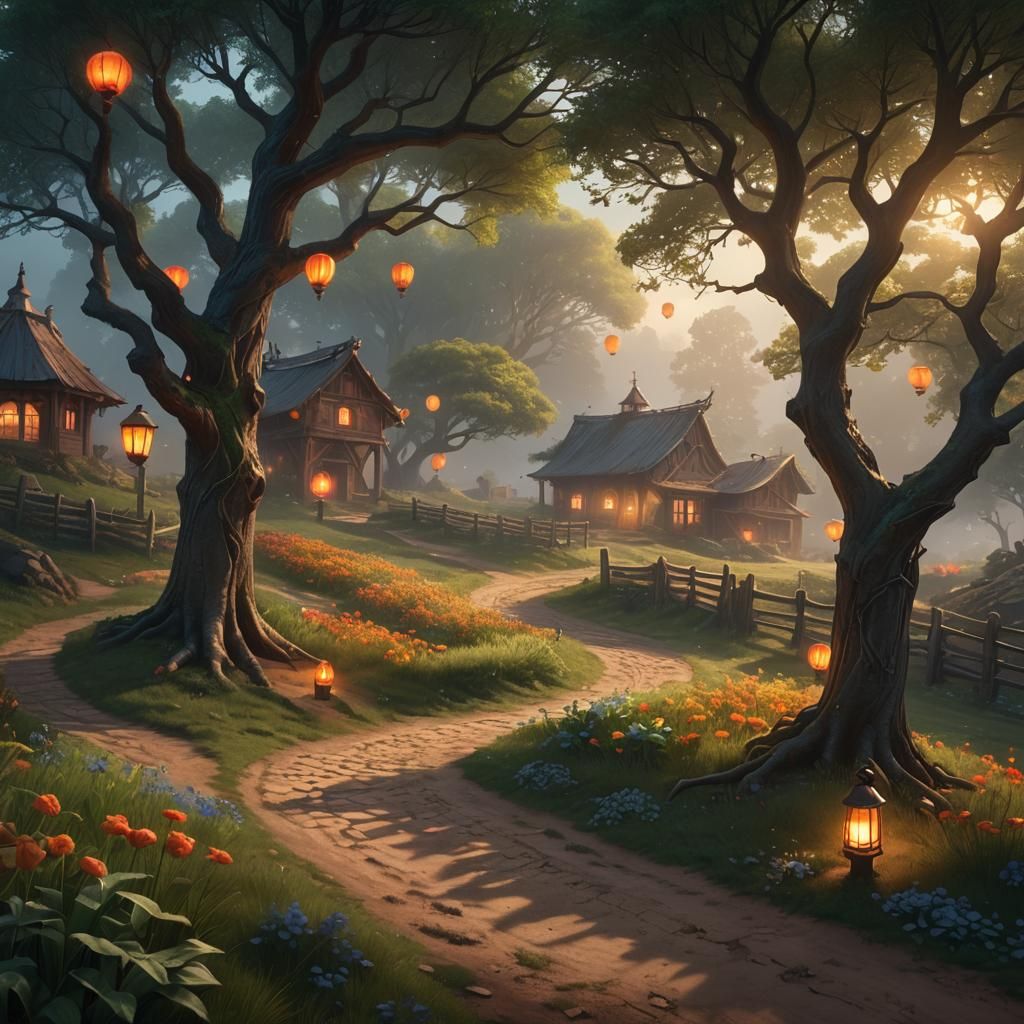 Mystical Farm with Glowing Lanterns: Concept Art