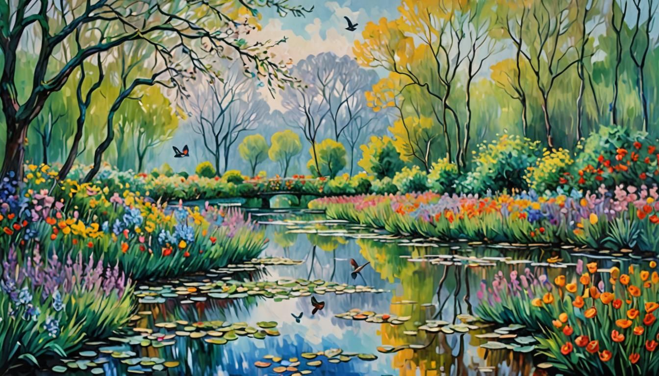 Monet-Inspired Flower Field with Abstract Art Elements