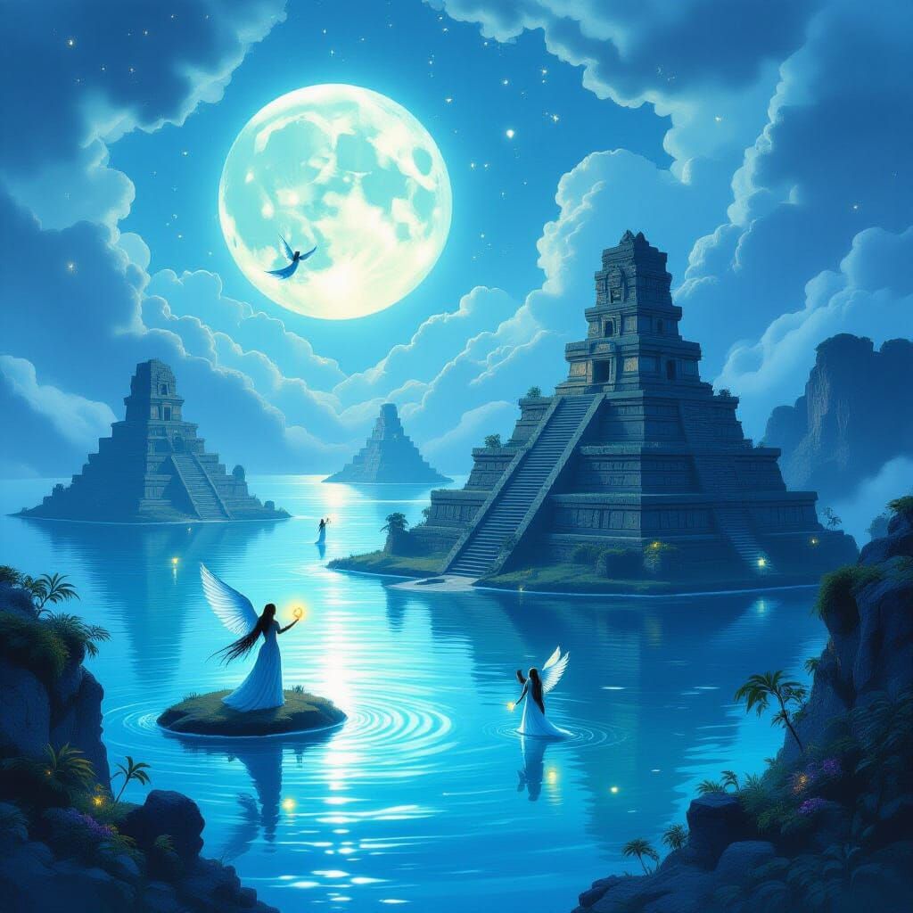 Floating Islands in Moonlight Sea with Winged Beings