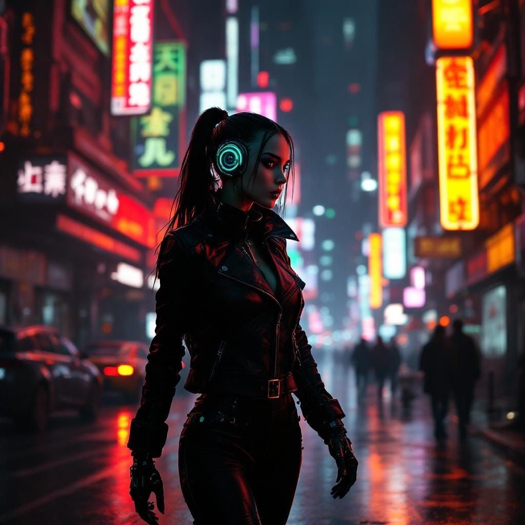 Cybernetic Woman in Neon Cityscape