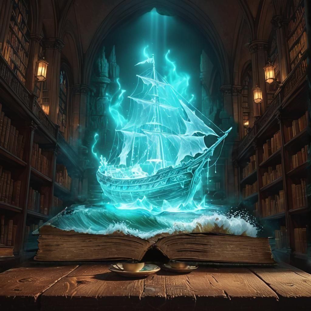 glowing cyan ghost ship with white outlines and glowing runes, coming out of a black book placed in an altar inside an a...