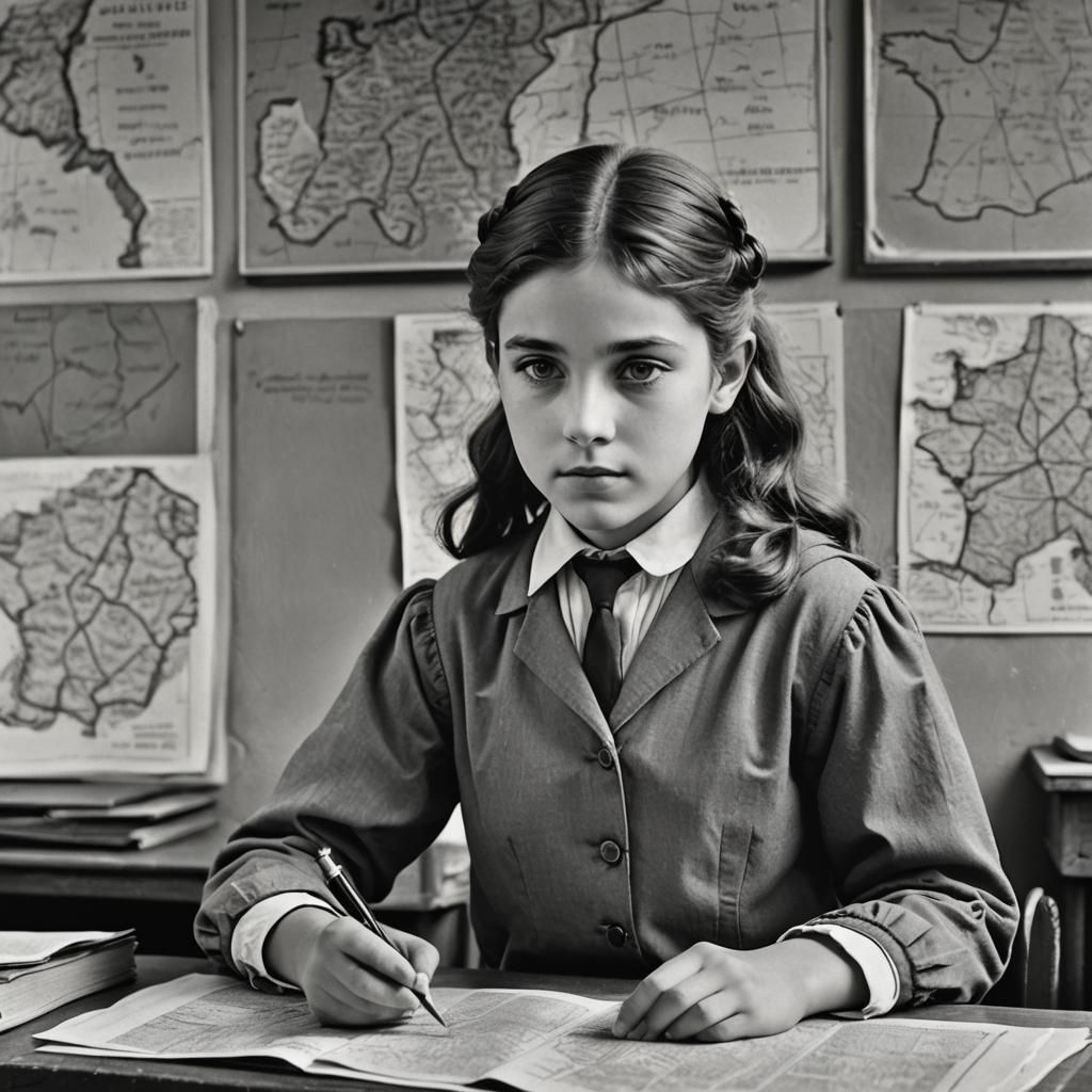 French Schoolgirl Portrait in Black and White