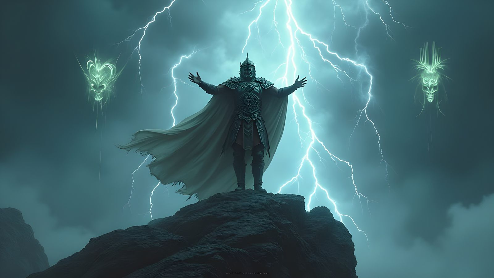 Warrior on Altar Amidst Storm and Gods