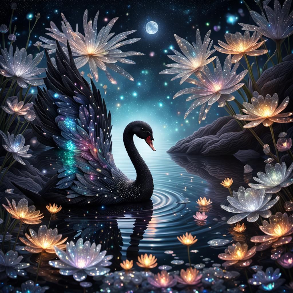 Iridescent Black Swan in Celestial Fantasy Art