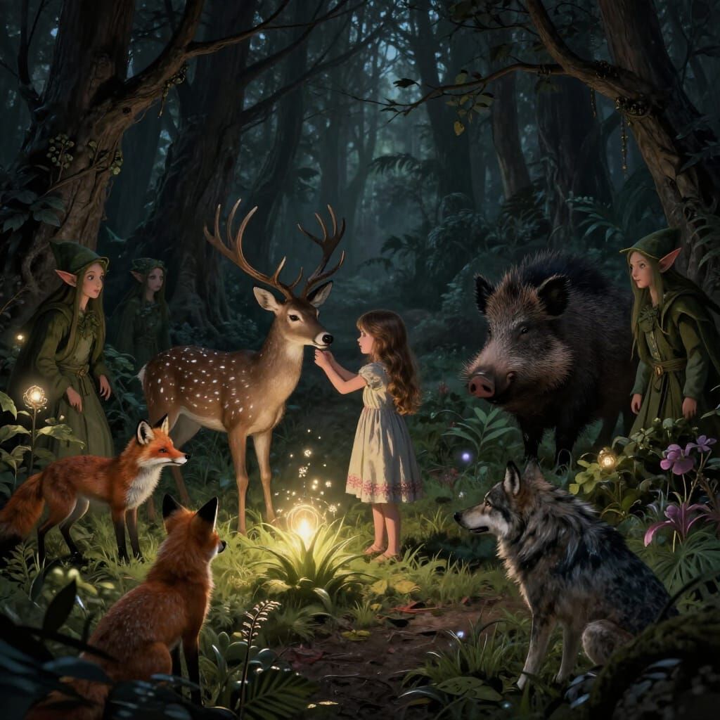 Girl and Woodland Creatures in Enchanted Forest