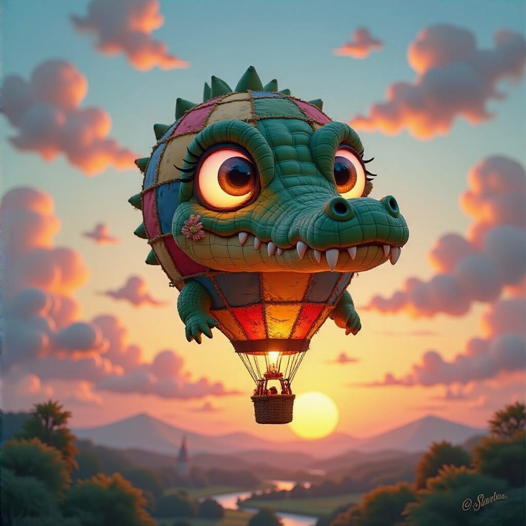 Whimsical Alligator Hot Air Balloon at Sunset