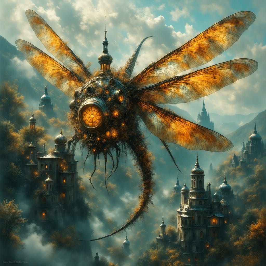 Steampunk City on Mechanical Dragonfly Wings