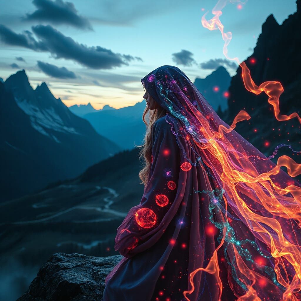 Ethereal Woman in Mountain Landscape, Dreamy Surreal Style