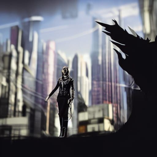 Goth Model in Cyberpunk Cafe with Red Rust Sculpture