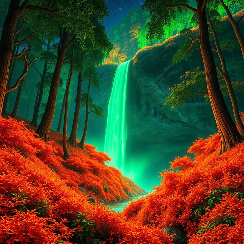 Bioluminescent Forest Waterfall in 3D Anime Style