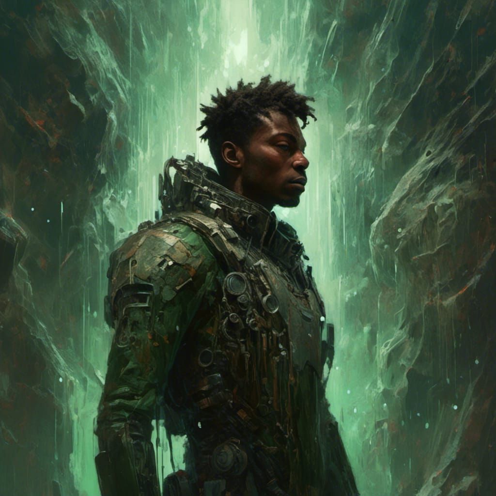 Intense Portrait of Man in Green Space Exo-Suit