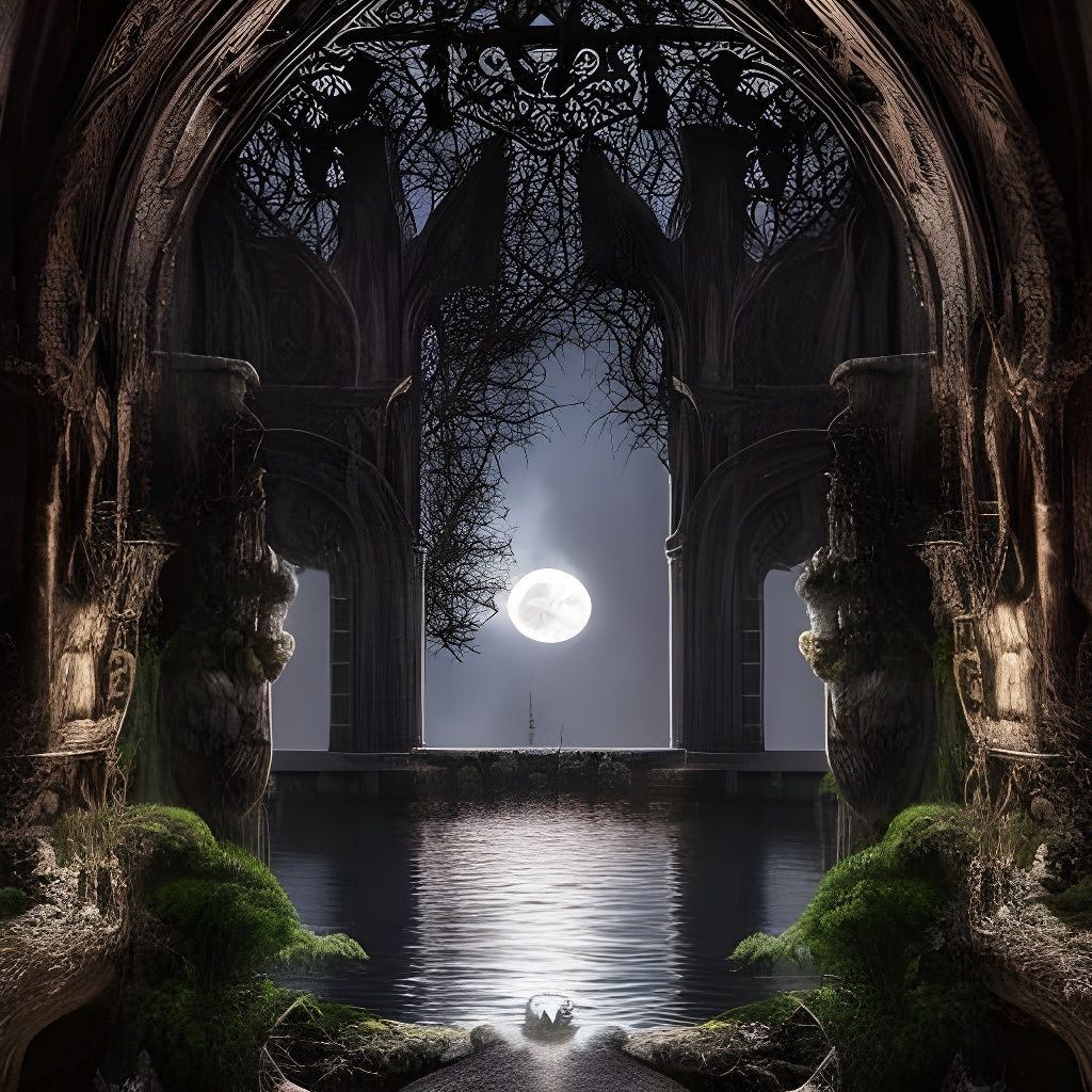 Demonic Lakeside Ruins Under Full Moon