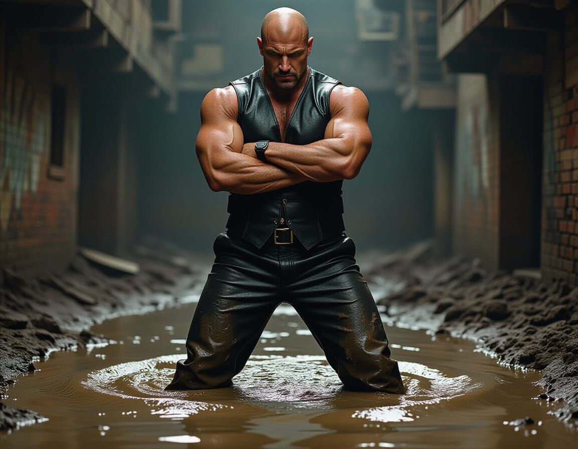 Gritty Photorealistic Bald Man in Mud