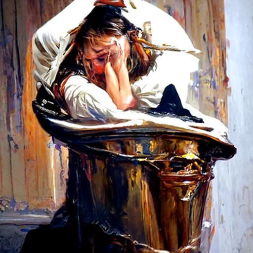 Poignant Oil Painting Depicting Deep Regret
