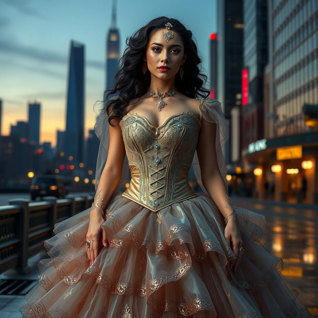 Futuristic Victorian Woman in Cyberpunk Cityscape