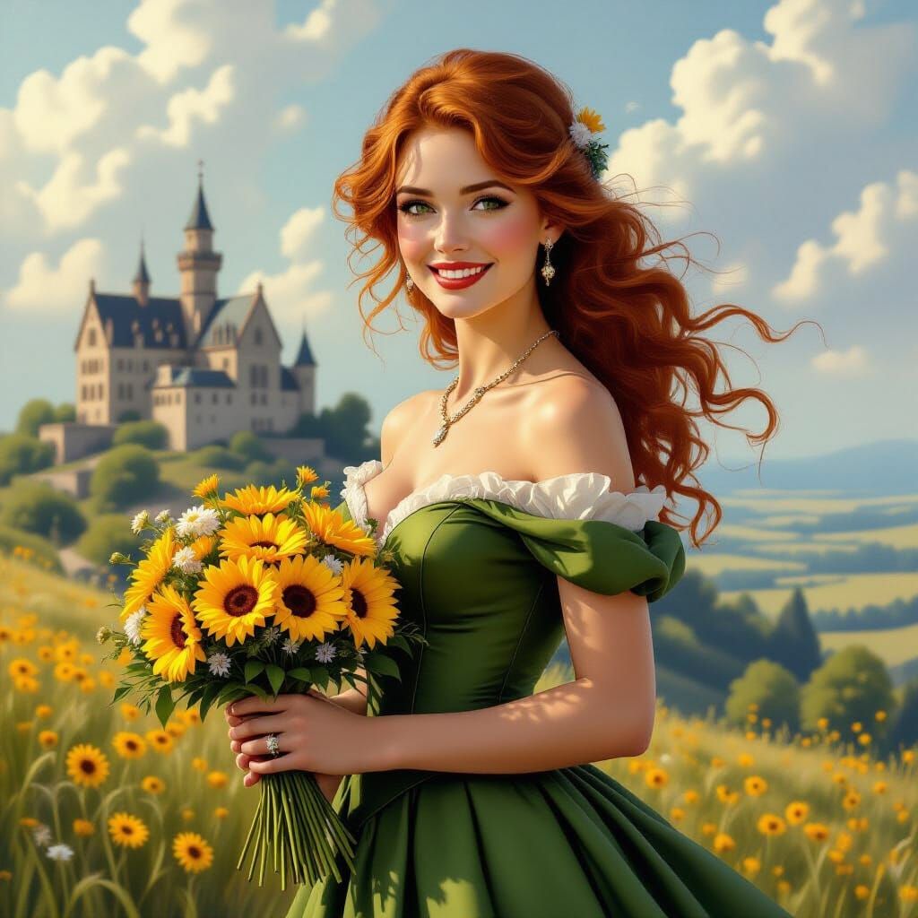 Scottish Beauty with Red Hair and Yellow Bouquet