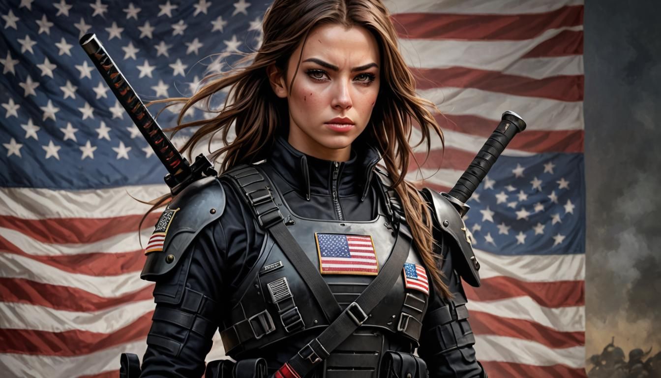 Olive-Skinned Girl with Samurai Sword and American Flag