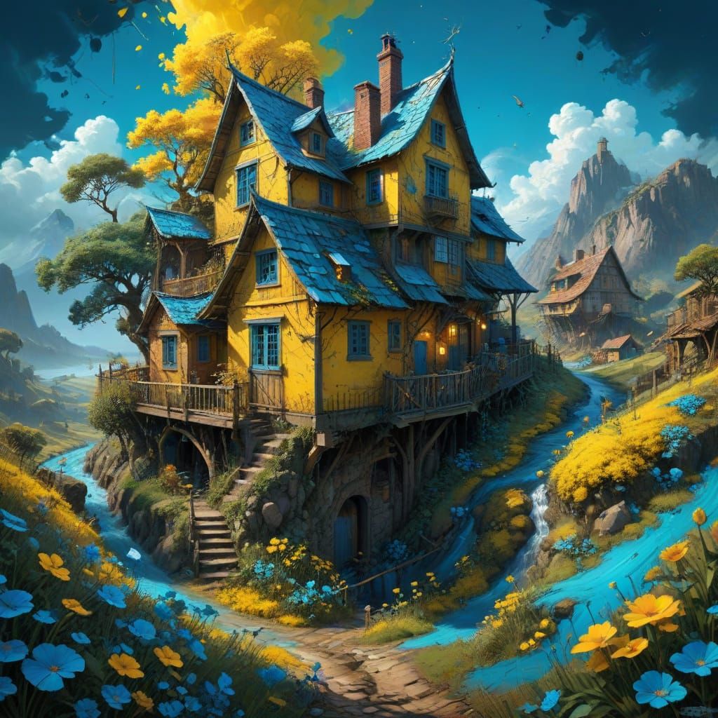 "Country village sin in bright blue yellow", highly detailed...
