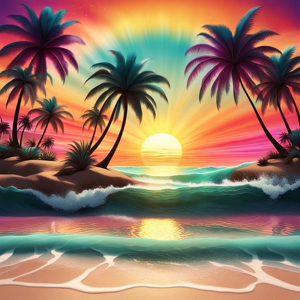 A tranquil tropical oasis with palm trees set against a vibrant sunset over calm waves