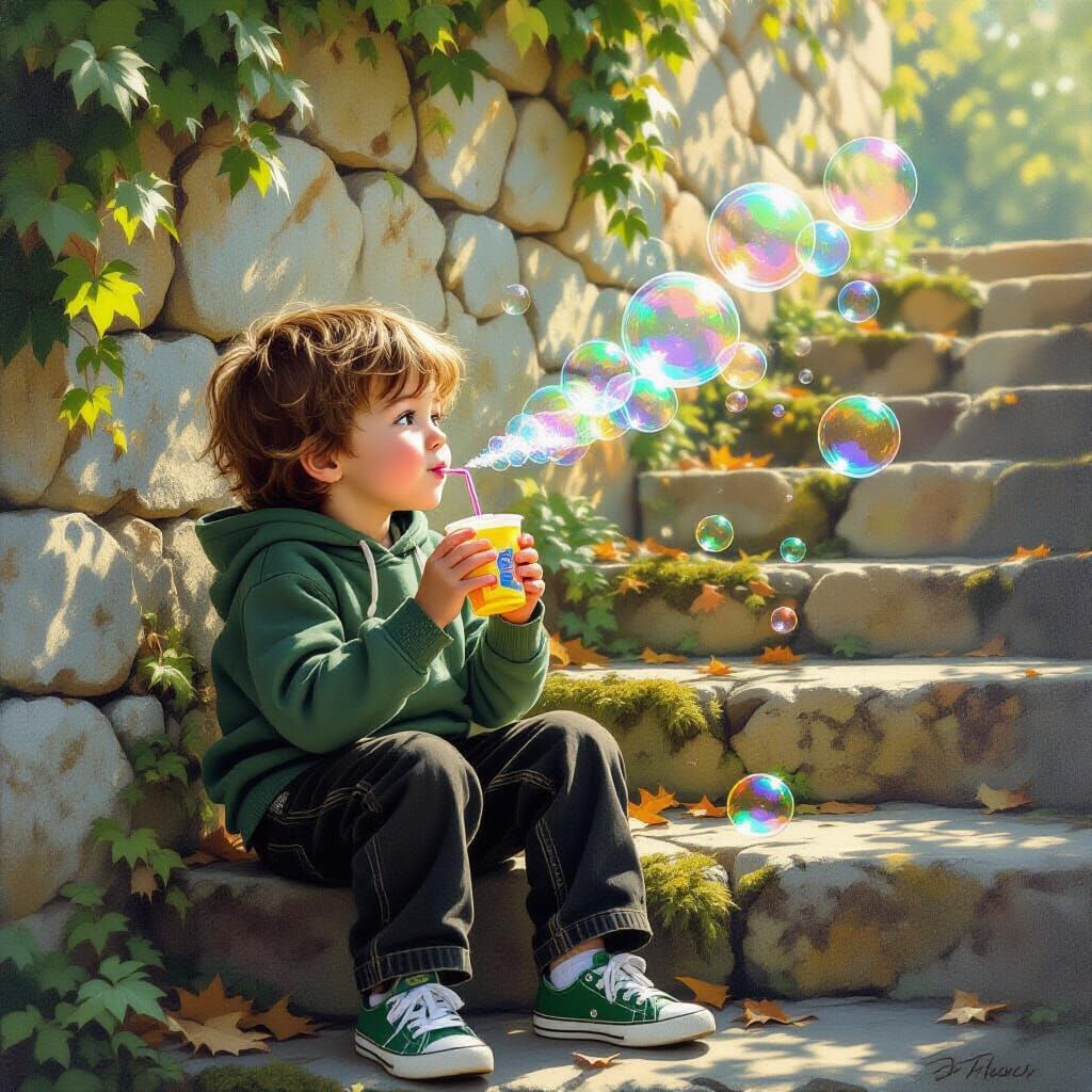 Boy Blowing Soap Bubbles in Dappled Sunlight