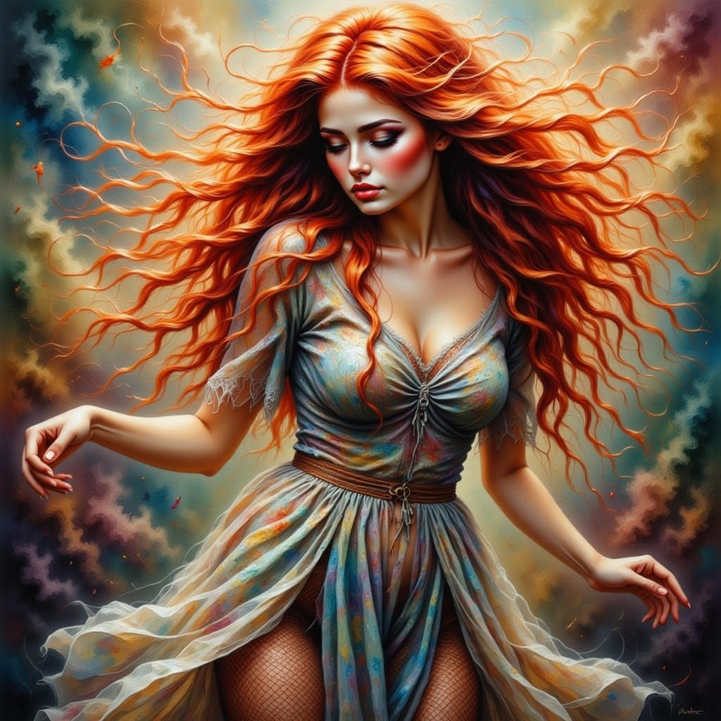 Woman Dancing to Music Only She Hears, in Digital Painting S...