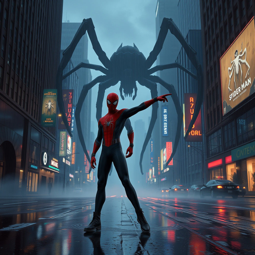 Spiderman on a Neon City Street