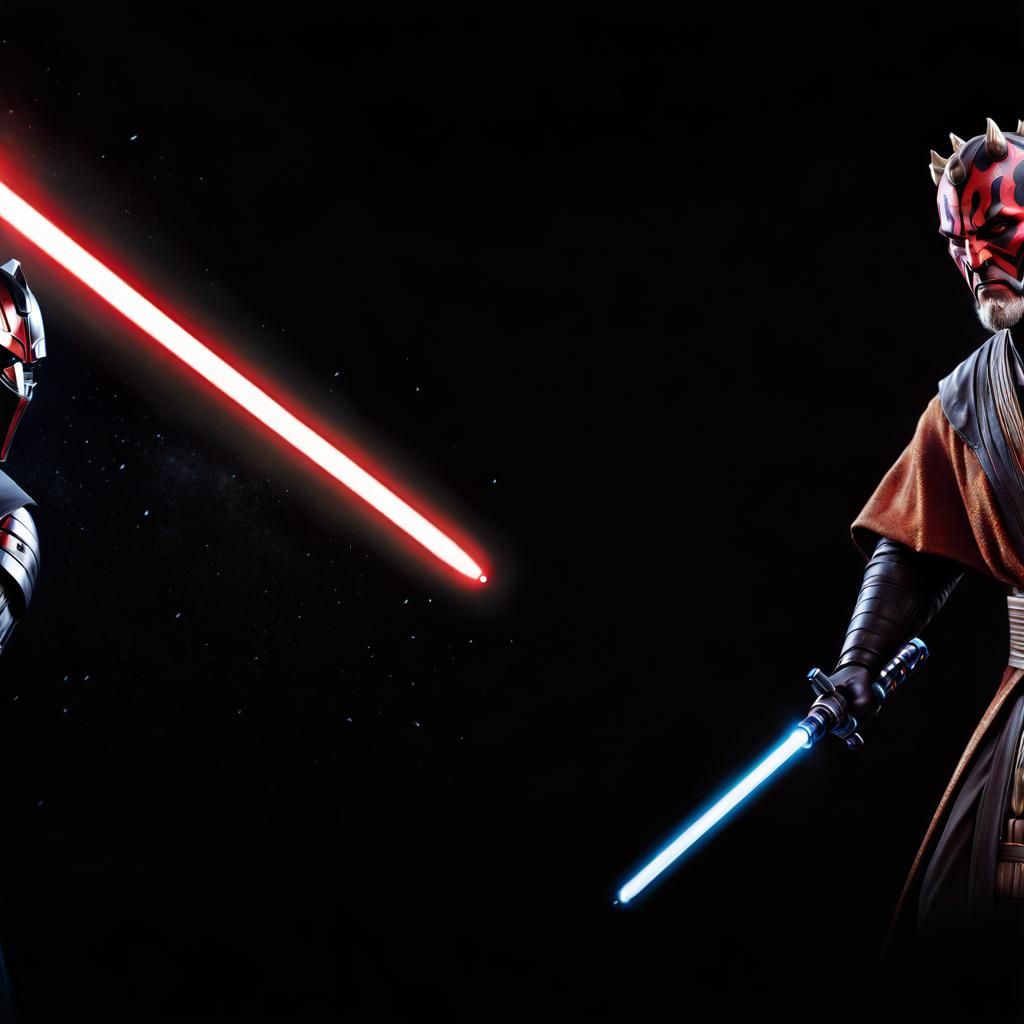 Jedi_Obi-wan and Darth_Maul, equal sized, wielding lighsabers, Star Wars characters Hyperrealistic, splash art, concept ...