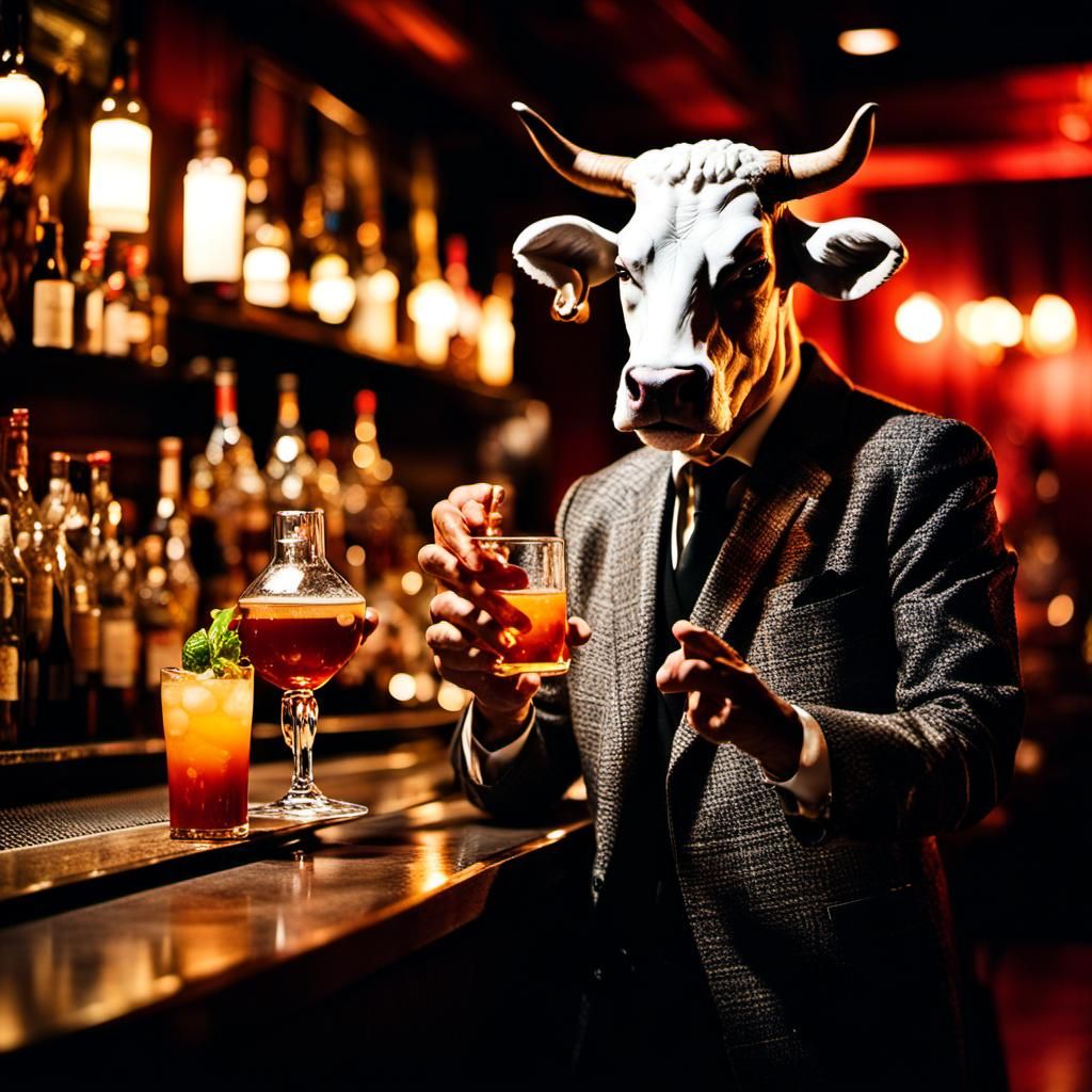 Cow-headed Humanoid Mixologist in Berlin Jazz Club