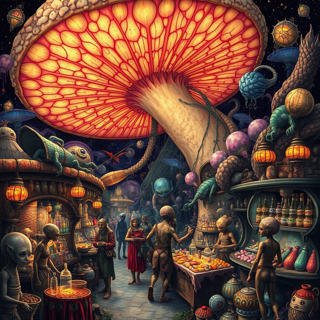 Intergalactic Bazaar in Bioluminescent Mushroom, Art Nouveau...