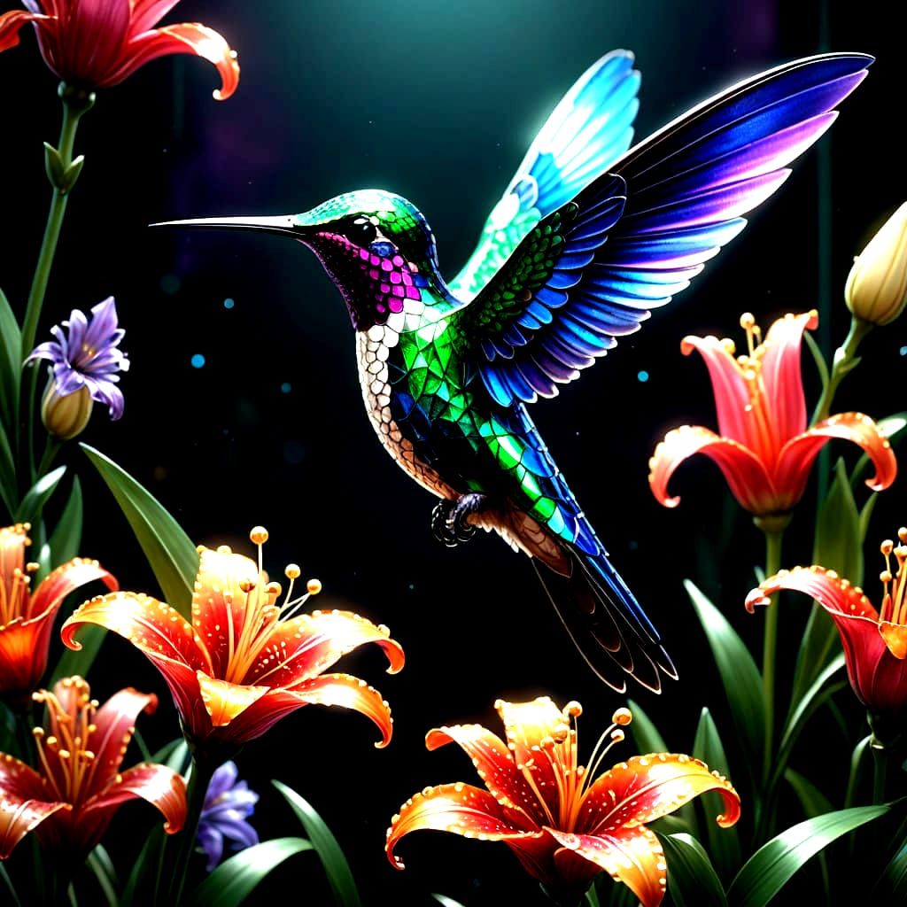 Glamorous Art Deco Hummingbird Sips Nectar in Opalescent Blo...