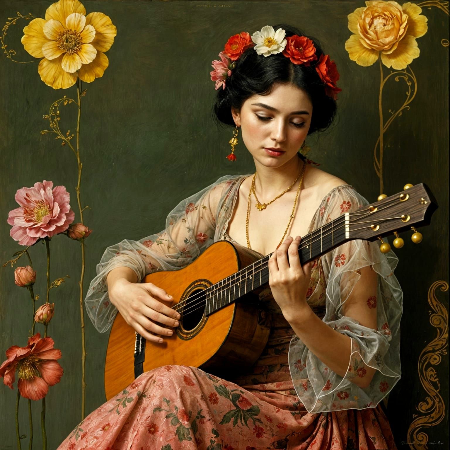 Woman with Guitar: An Art Nouveau Portrait
