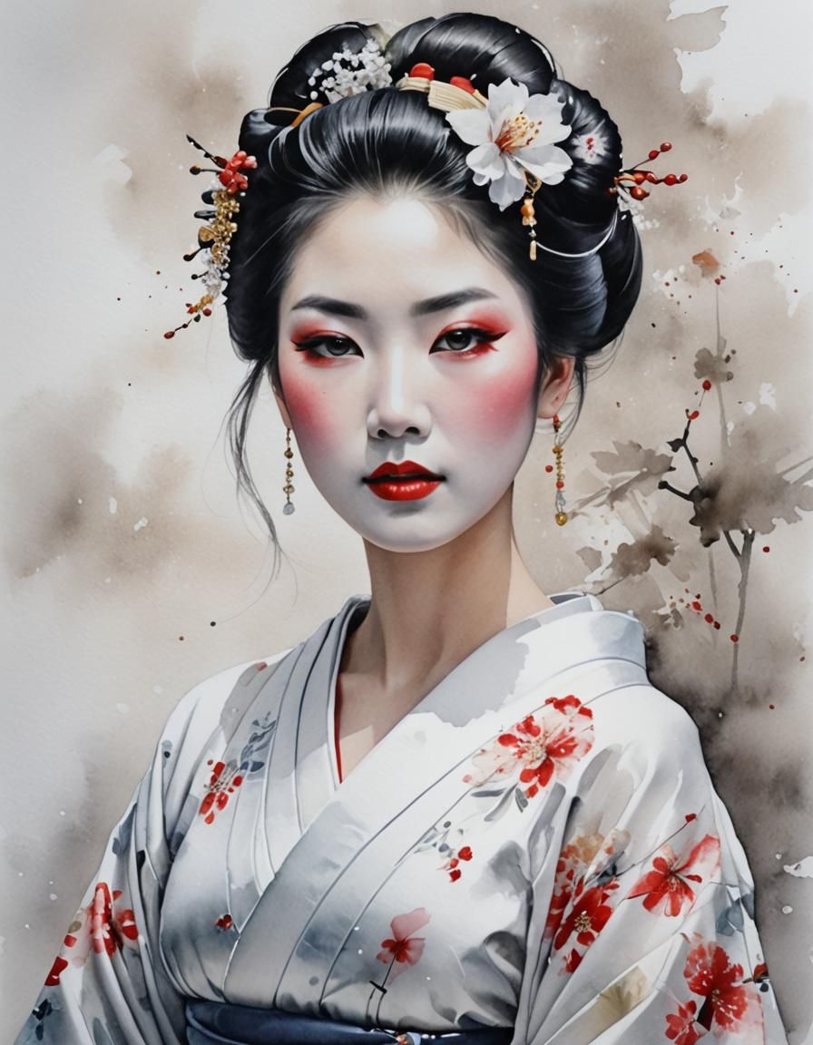 Elegant Geisha Portrait in Watercolor Style