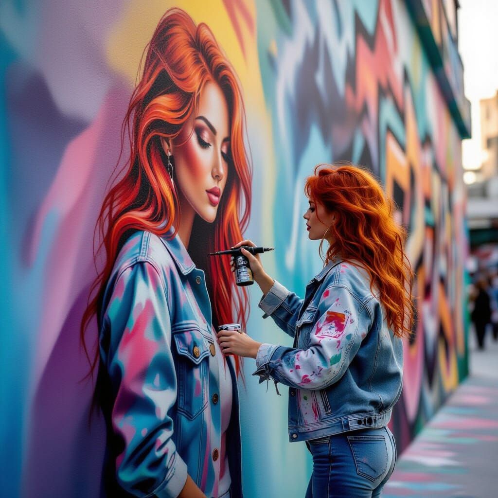 Red-Haired Artist Airbrushing Urban Wall in Dreamy Style