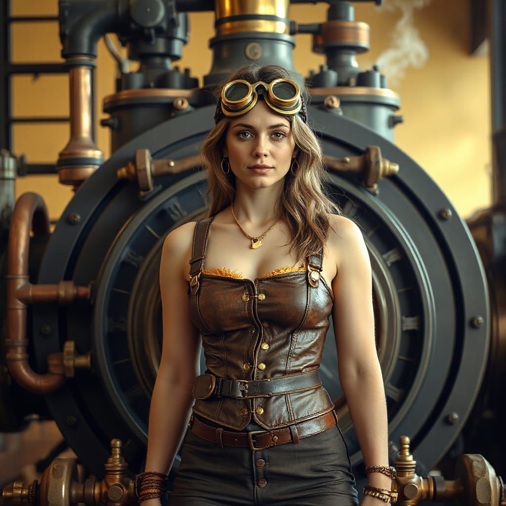 Steampunk Inventress Stands Proud Amidst Vintage Sci-Fi Engi...