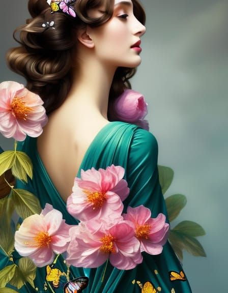 Girl with Butterfly and Flowers in Surrealist Style