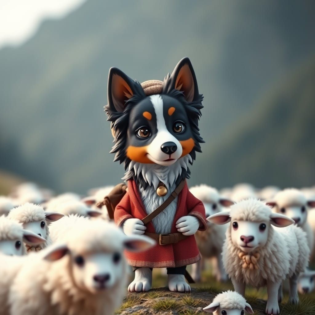 Chibi Shepherd Dog Among Sheep in Mountain Pastures