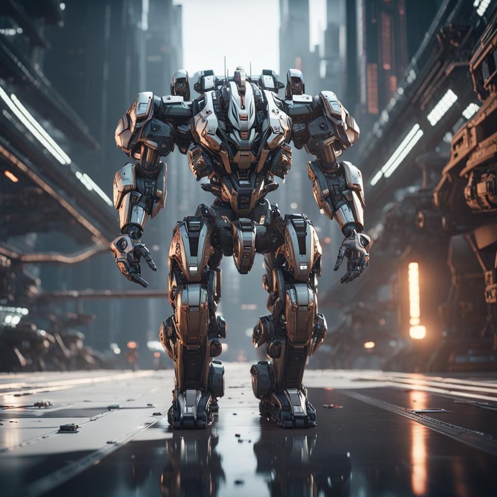 Man Driving Intricate Mech Suit in Sci-Fi City
