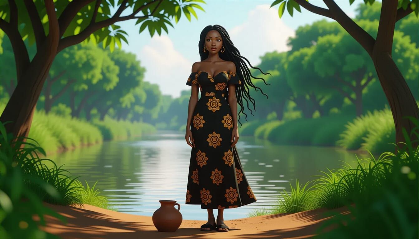 Scared African Woman Beside River in Animated Style