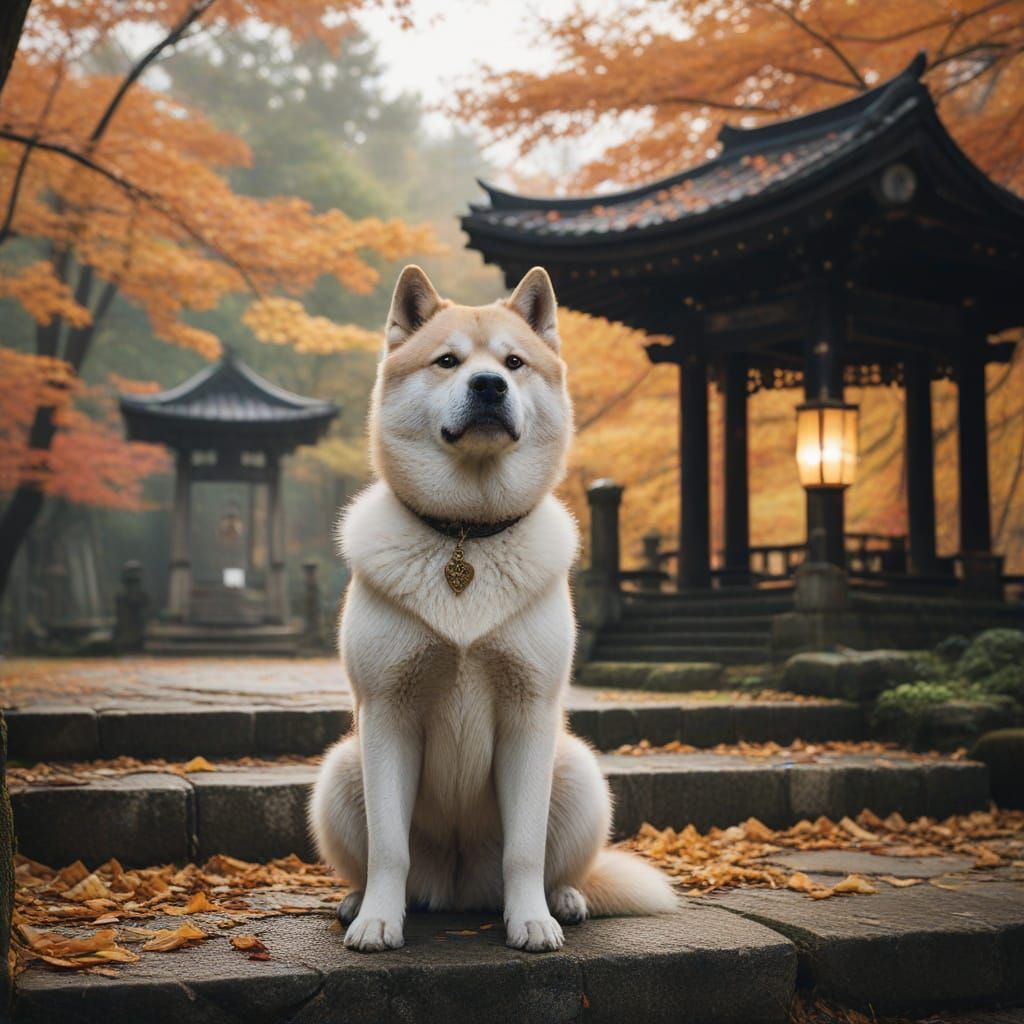 Sad Inugami Akita at Old Village Shrine