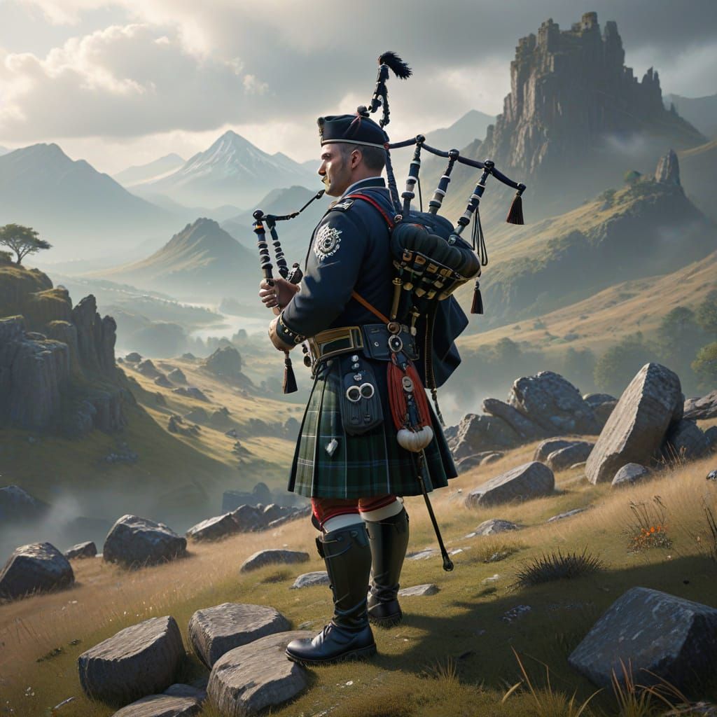 Bagpiper in Misty Highlands, Ethereal Anime Art