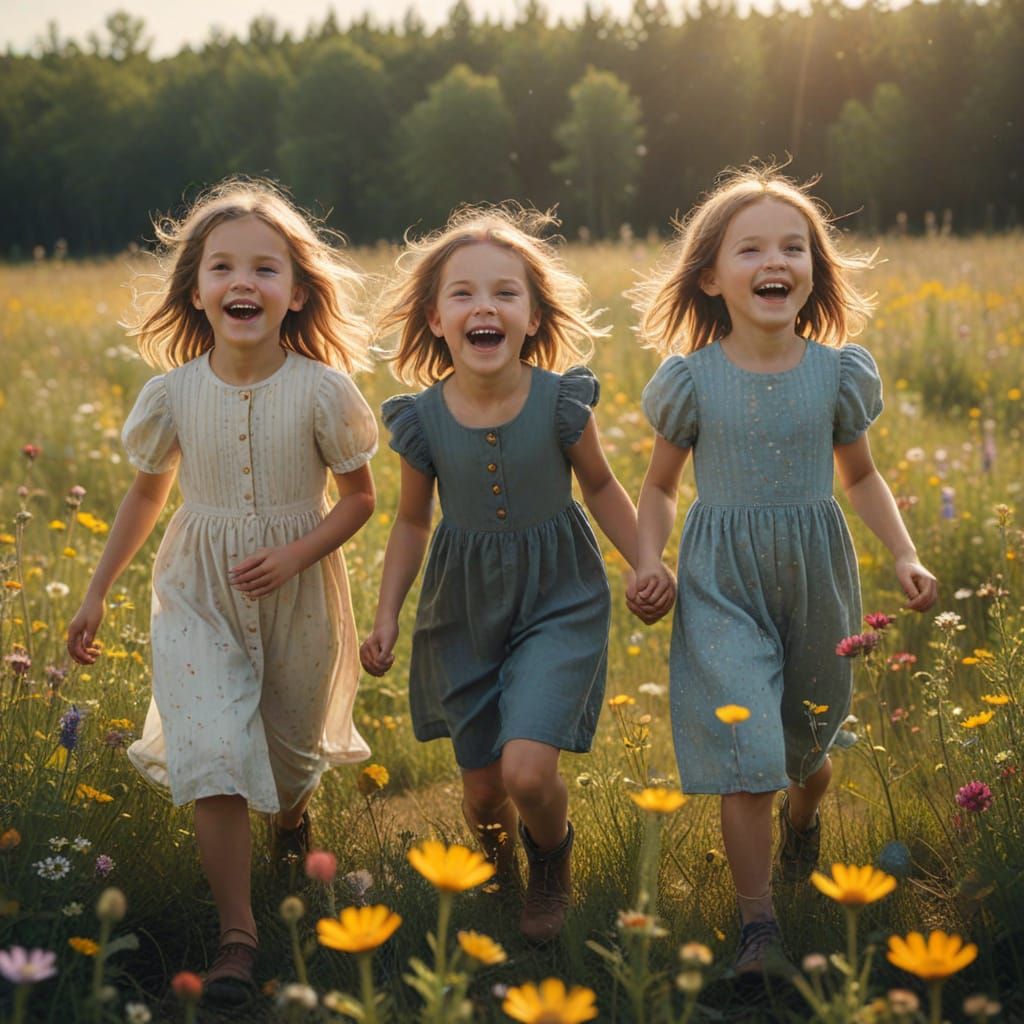 Children Playing in Wildflowers: Vintage Photo Aesthetic