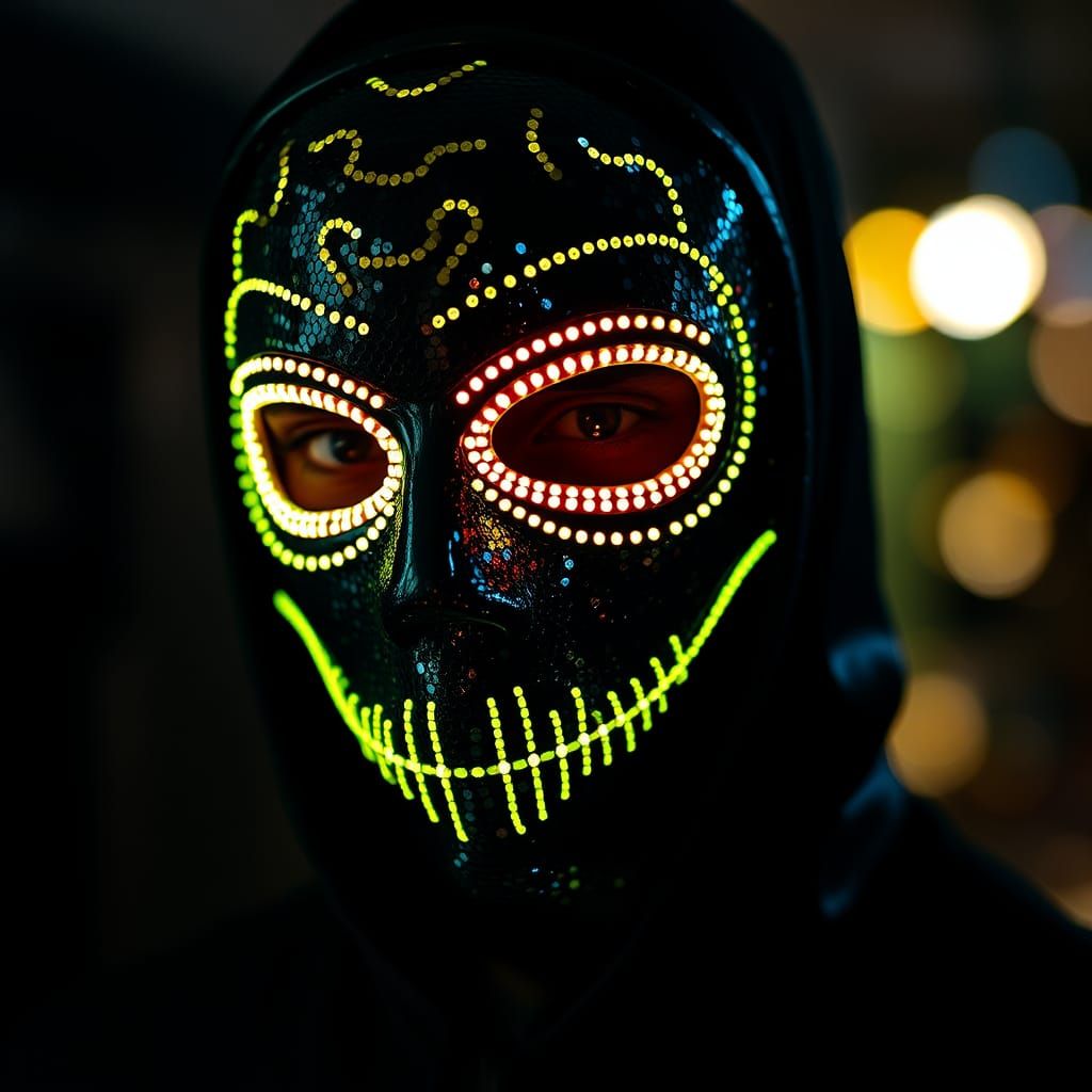 Man in Fluorescent Sequin Mask, Surreal Macro Photo