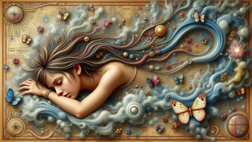 Dreamscapes Emerge from a Sleeping Girl's Hair in Vintage Ma...