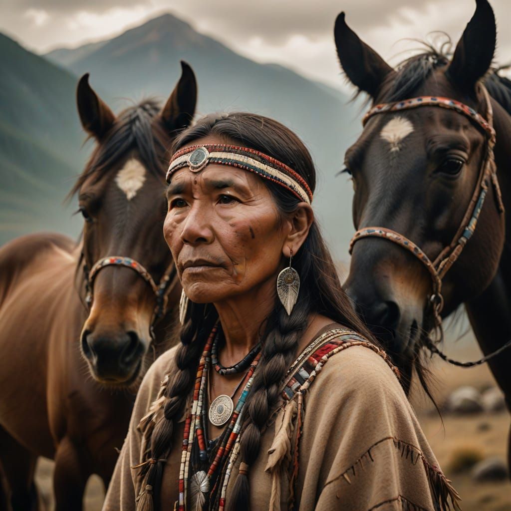 Native American Shaman Contemplating in Misty Mountains