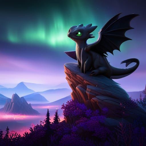 Toothless Watches Aurora Borealis: Detailed Matte Painting