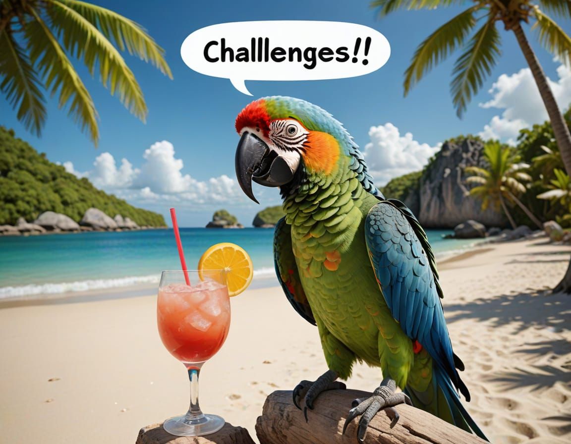 Humorous Parrot Announces Summer Challenges on Beach